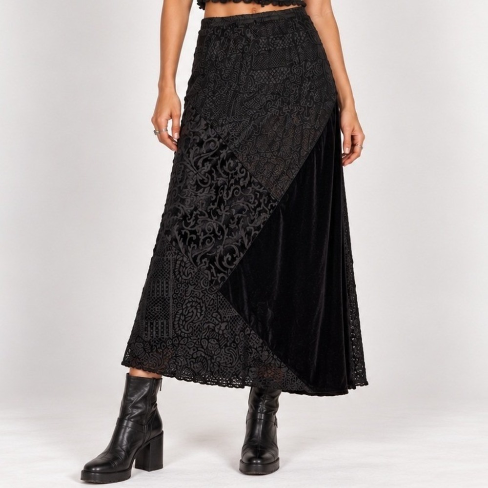 Erena Maxi Skirt Women L Black Patchwork Lace Velvet Mesh Gothic Whimsigoth